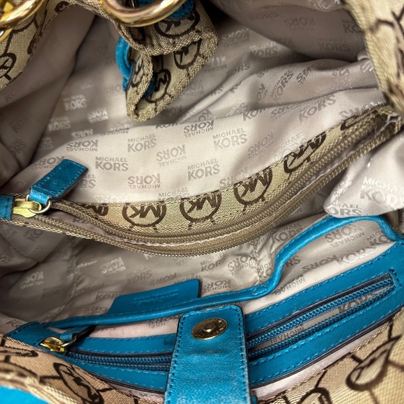 Michael Kors Monogram Drawstring Shoulder Bag – Turquoise Trim (Rare!) - Picture 2 of 5